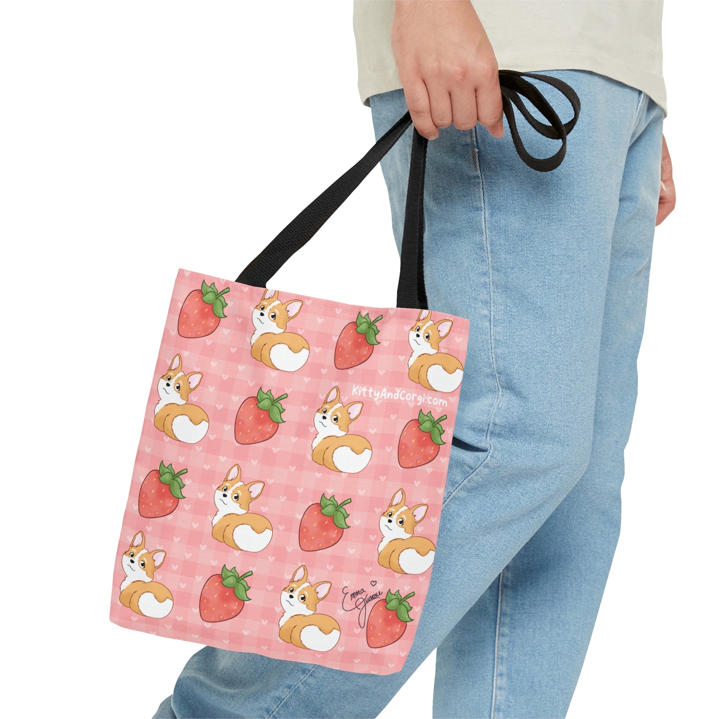 Corgi Butt and Strawberries Pink Heart Gingham Tote Bag