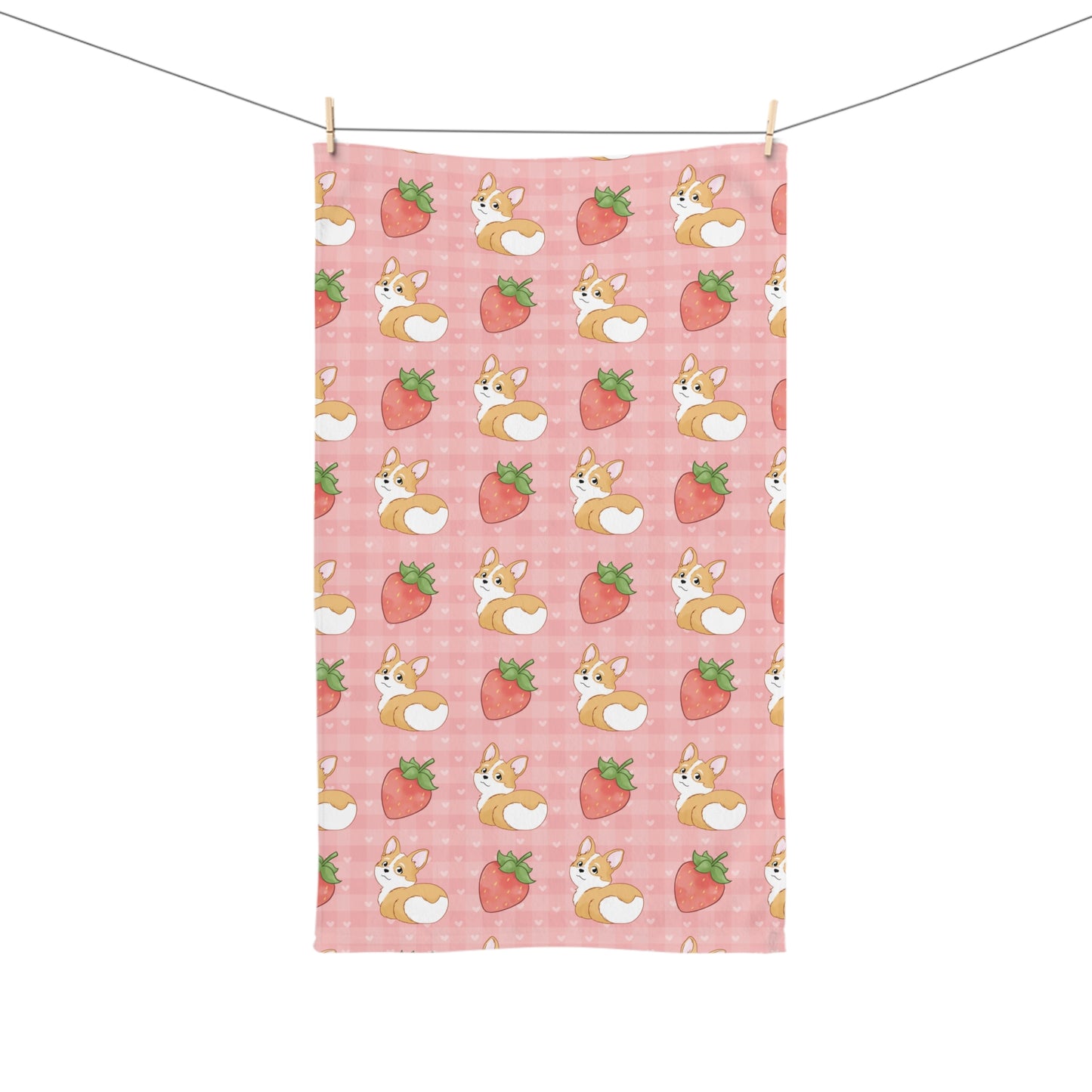 Corgi Butt and Strawberries Pink Hearts Gingham Hand Towel