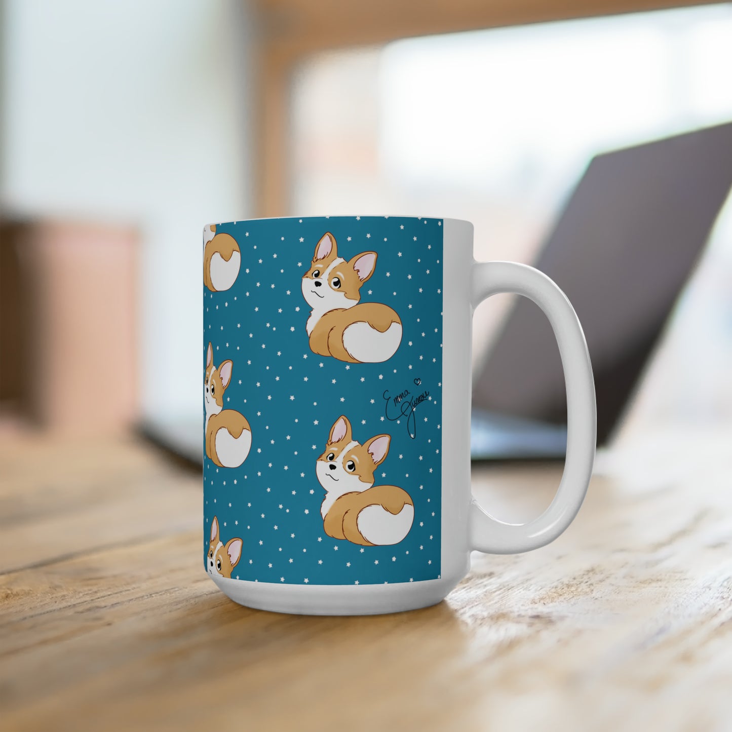 Corgi Butt Patterned Ceramic Mug - Turquoise with stars - 15oz