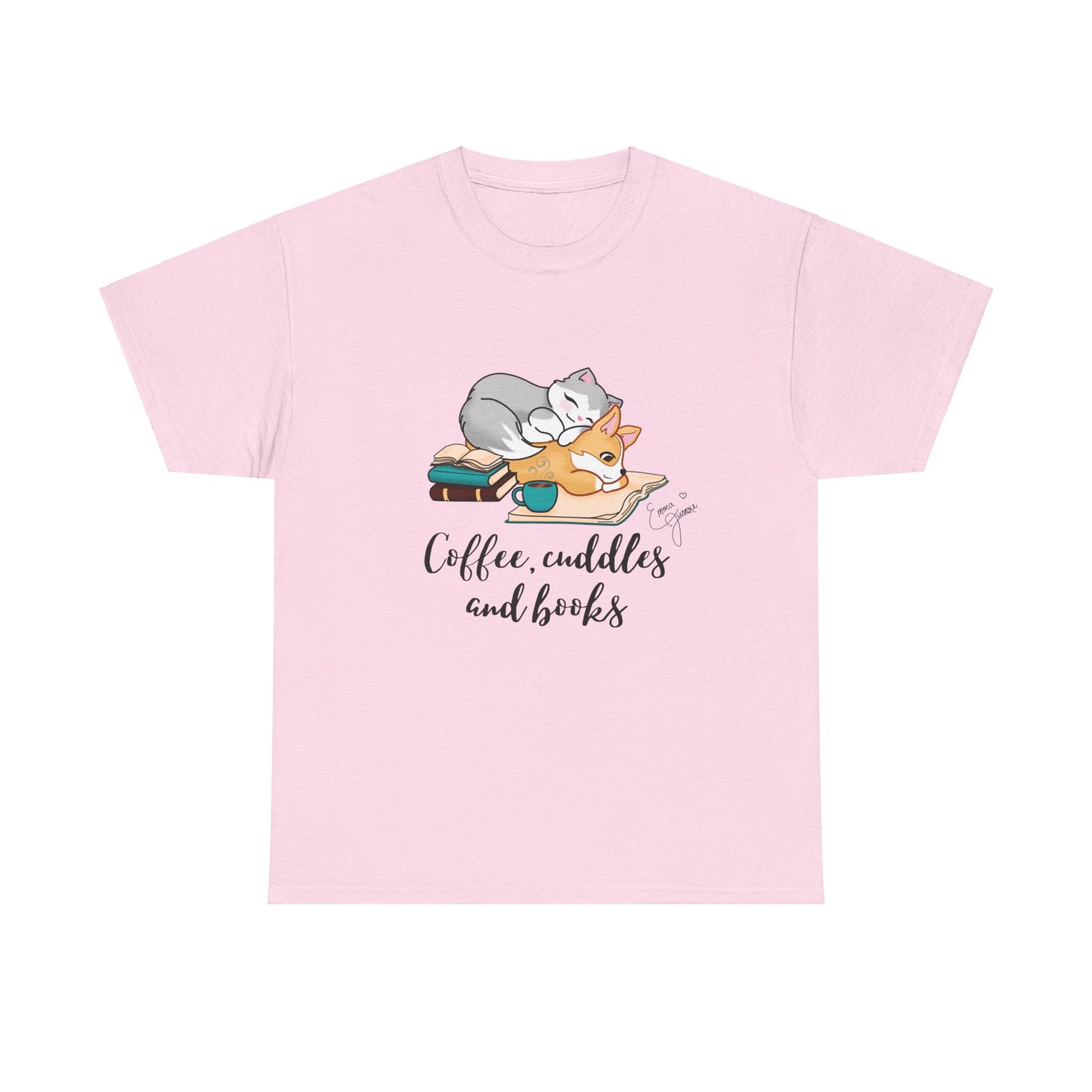 Kitty and Corgi Coffee Cuddles and Books Unisex Heavy Cotton Tee