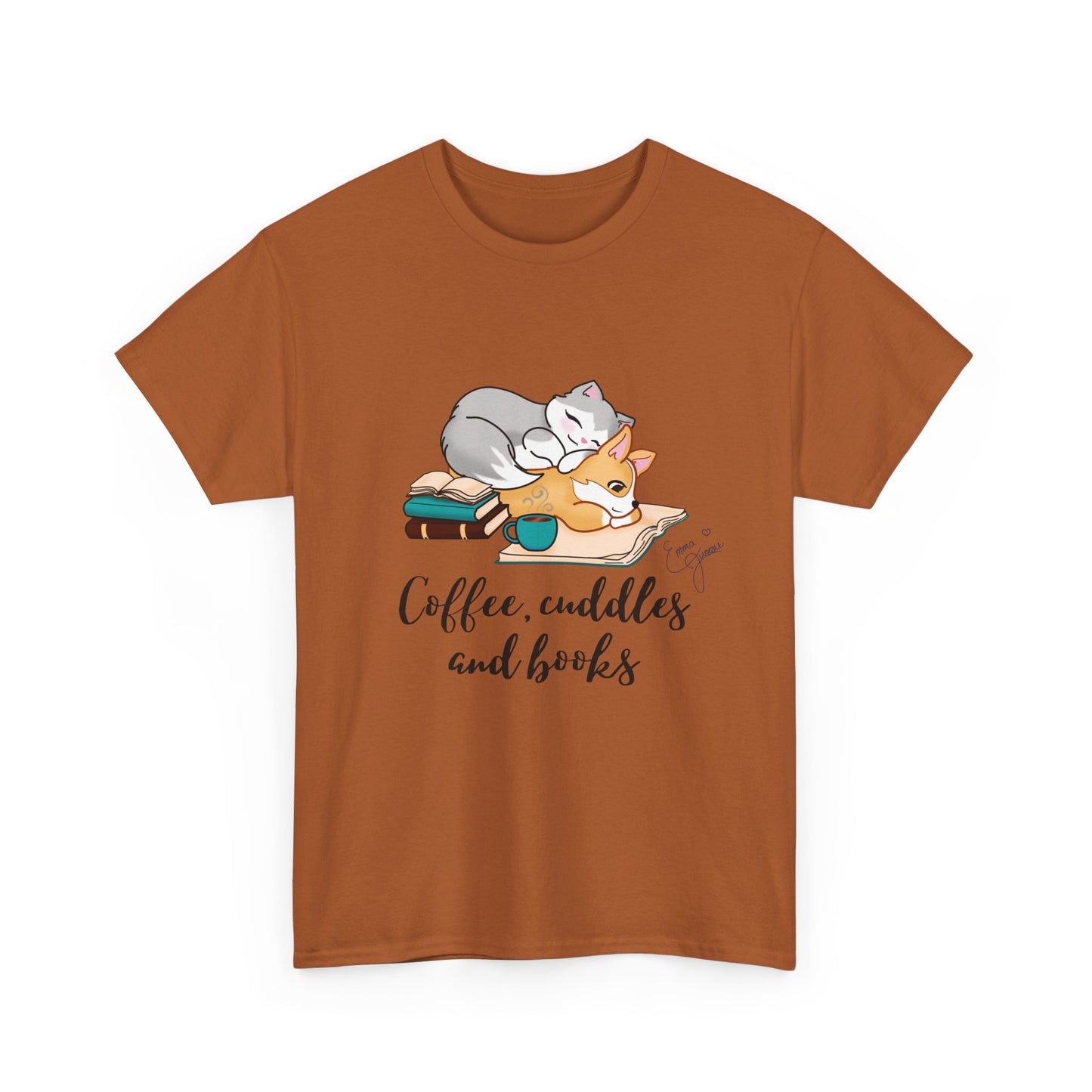 Kitty and Corgi Coffee Cuddles and Books Unisex Heavy Cotton Tee