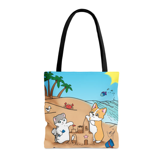 Kitty&Corgi Build a Sandcastle Tote Bag (All over print)
