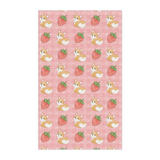 Corgi Butt and Strawberries Pink Hearts Gingham Kitchen Towel