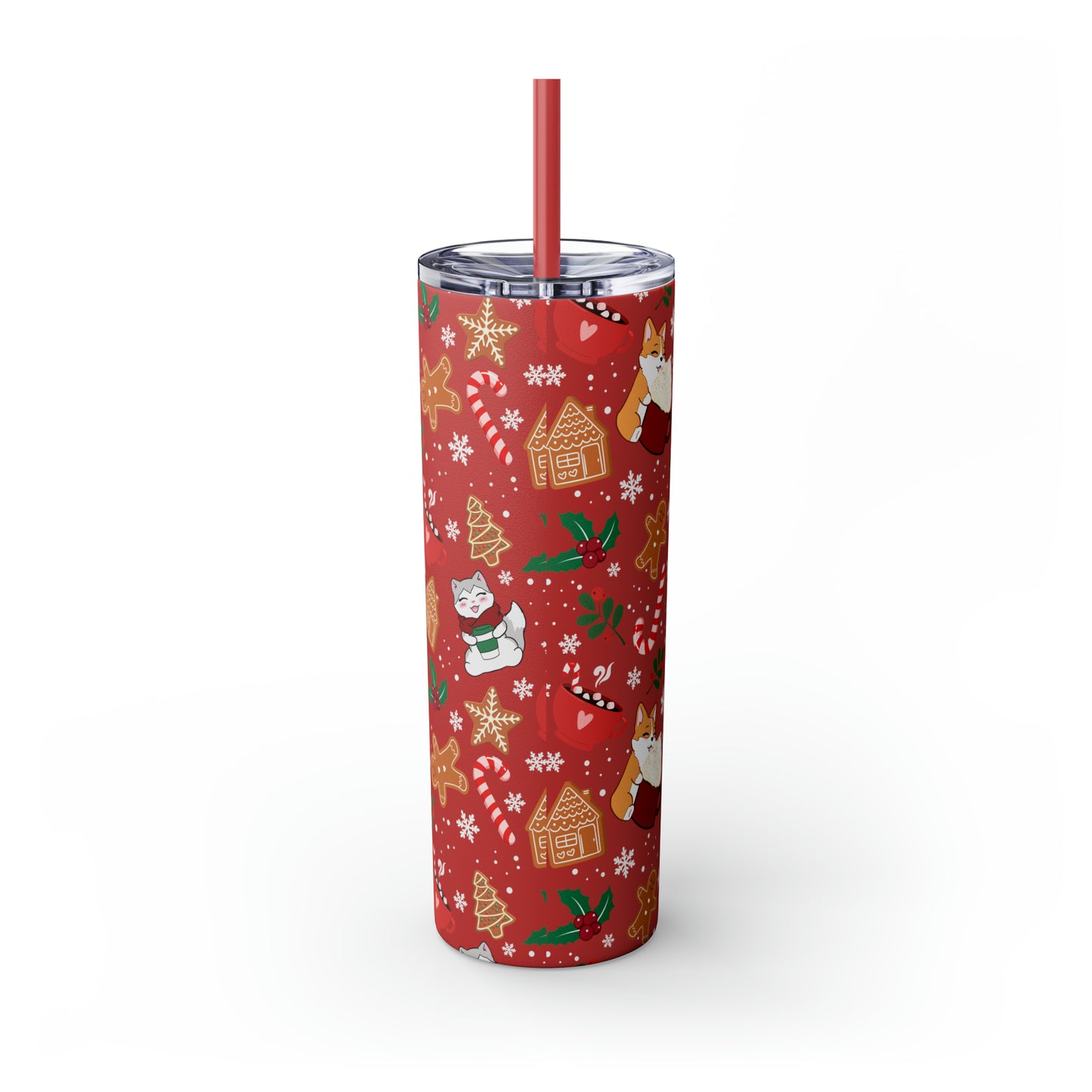 Kitty and Corgi Cocoa and Gingerbread Christmas - Skinny Tumbler with Straw, 20oz