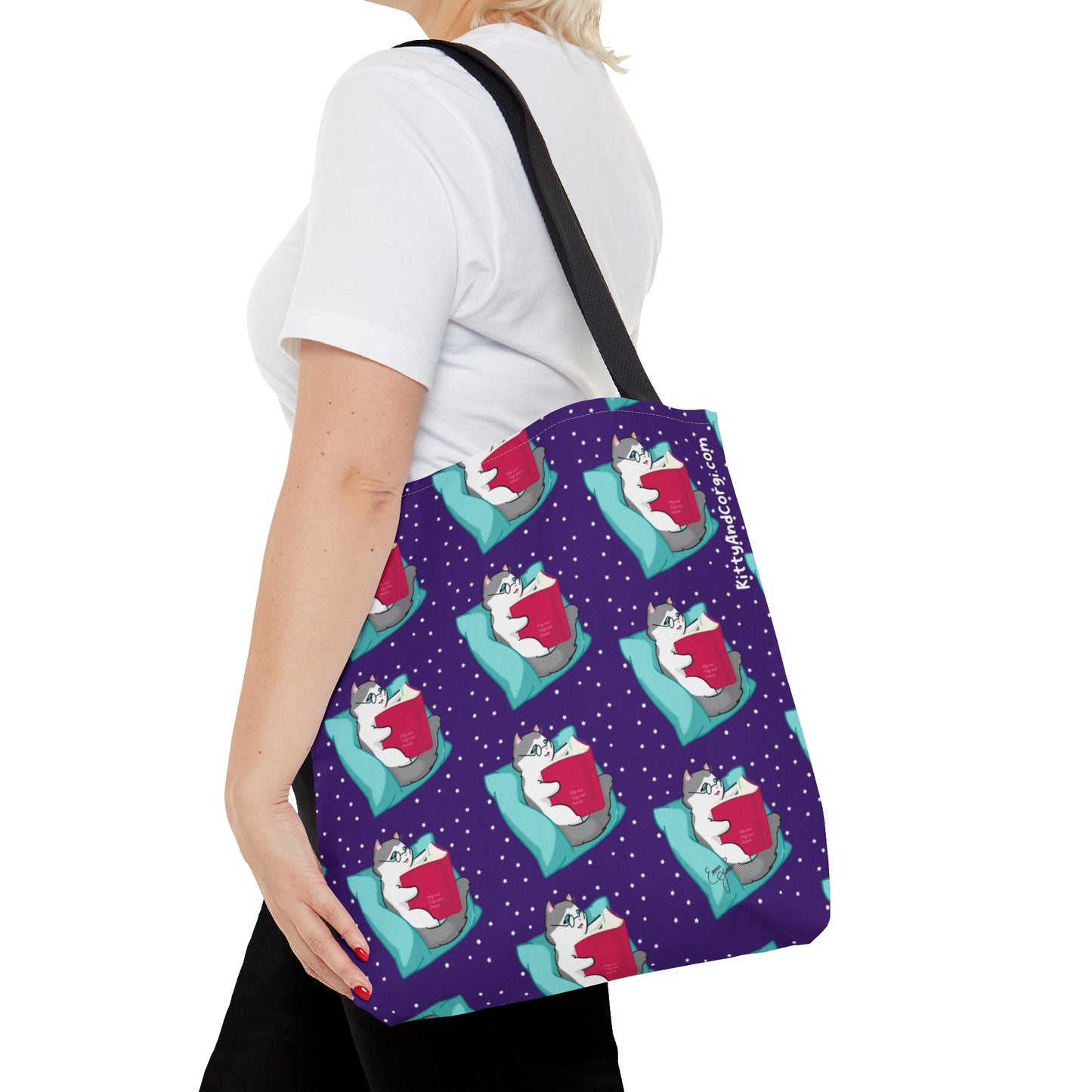 Kitty Reading a Book - Repeating Pattern in Dark Purple - Tote Bag (AOP)