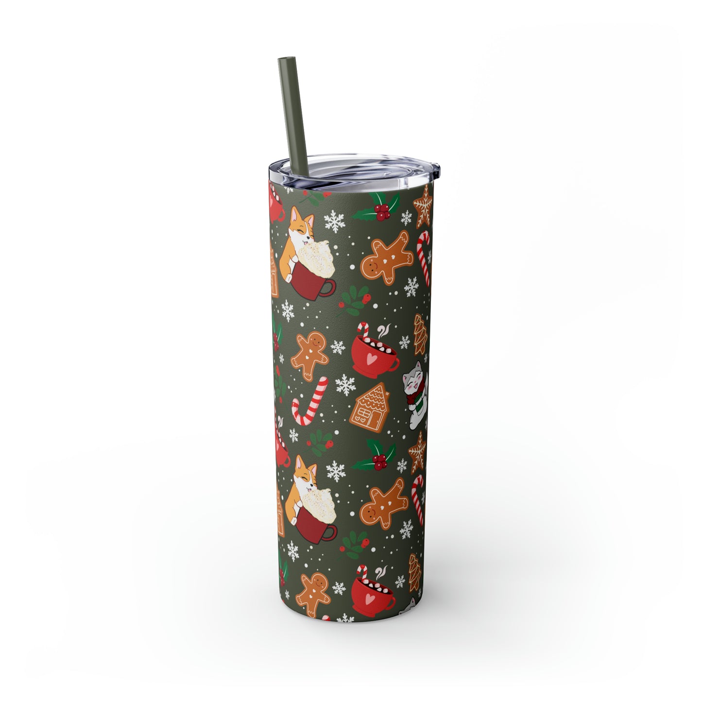 Kitty and Corgi Cocoa and Gingerbread Christmas - Skinny Tumbler with Straw, 20oz
