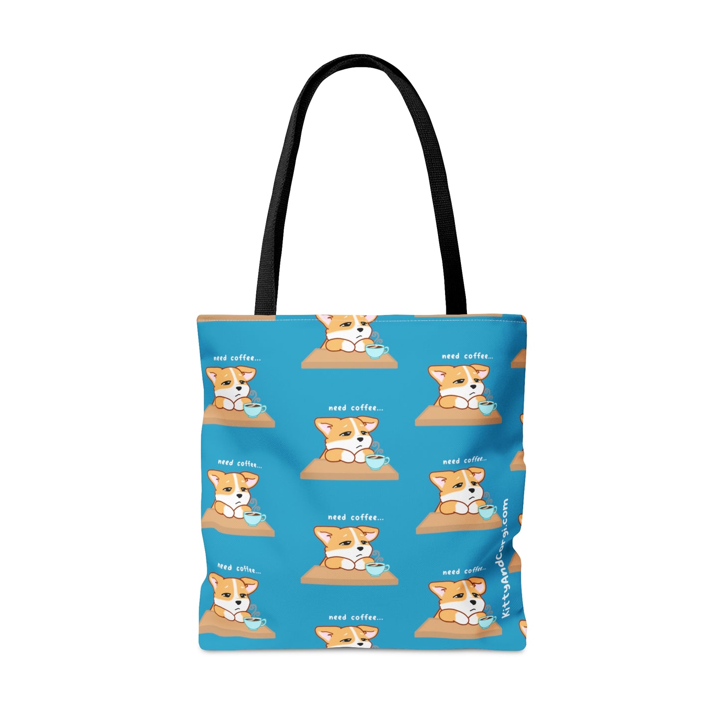 Corgi Needs Coffee - Repeating Pattern in Turquoise - Tote Bag