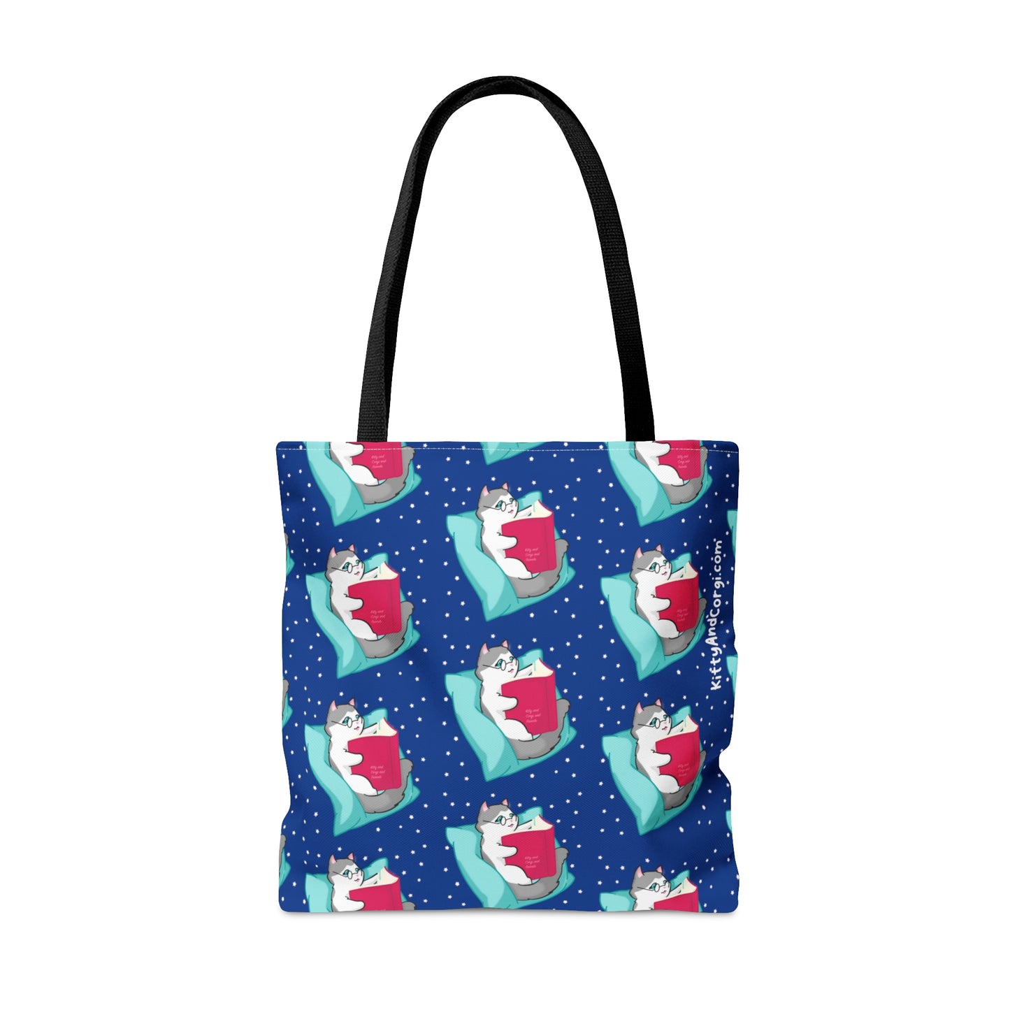 Kitty Reading a Book - Repeating Pattern in Midnight Blue - Tote Bag (AOP)