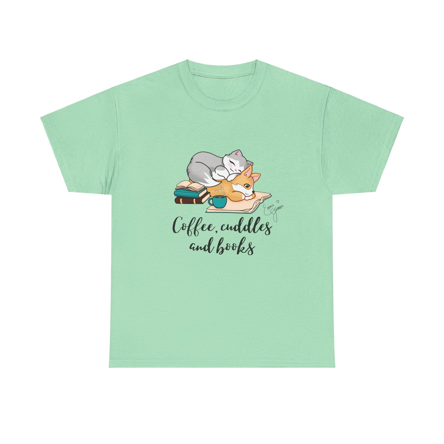 Kitty and Corgi Coffee Cuddles and Books Unisex Heavy Cotton Tee