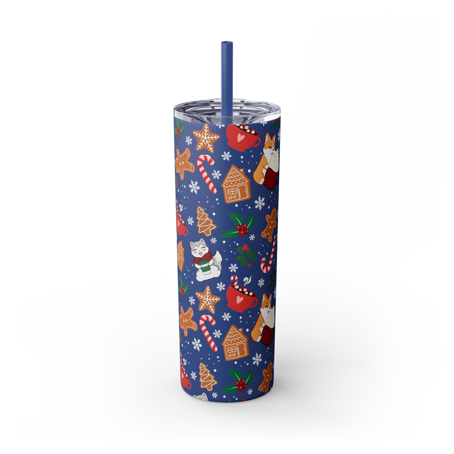 Kitty and Corgi Cocoa and Gingerbread Christmas - Skinny Tumbler with Straw, 20oz