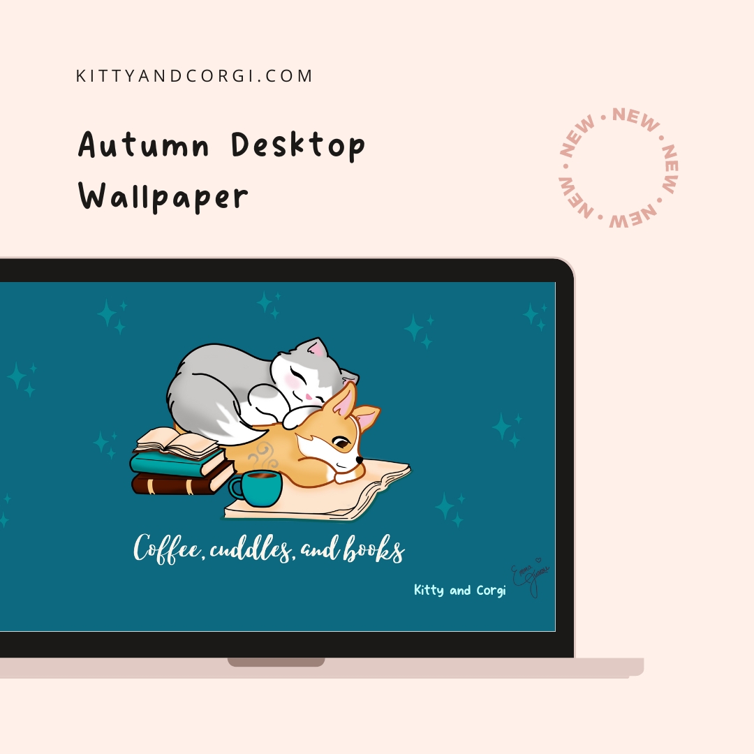 Teal Kitty and Corgi Cozy Fall Vibes 4k Wallpaper Bundle