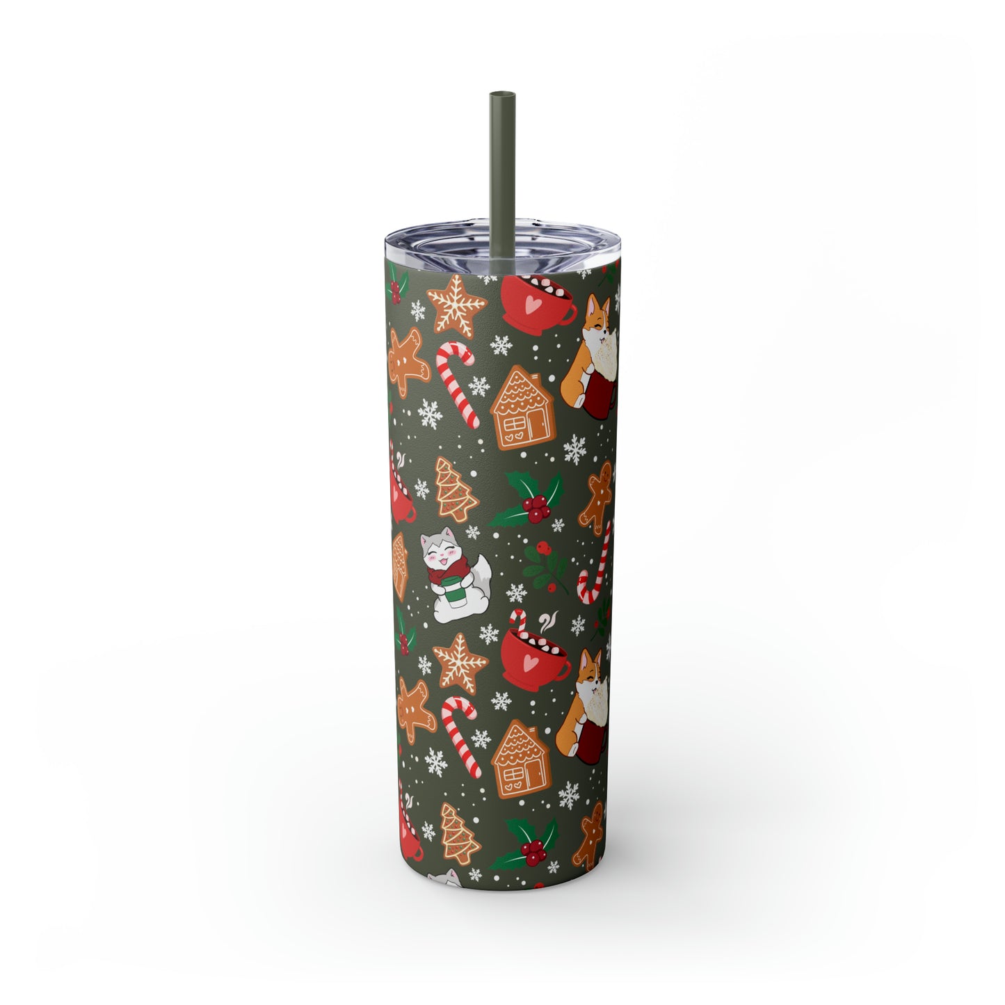 Kitty and Corgi Cocoa and Gingerbread Christmas - Skinny Tumbler with Straw, 20oz