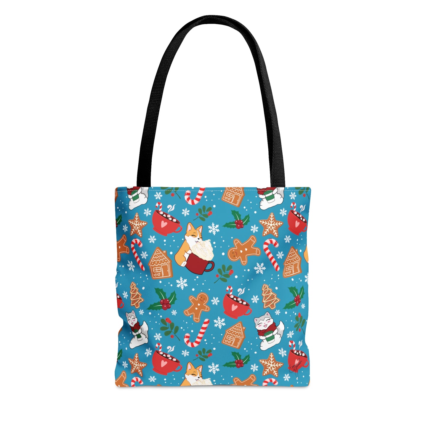 Kitty and Corgi Cocoa and Gingerbread Patterned Turquoise Tote Bag