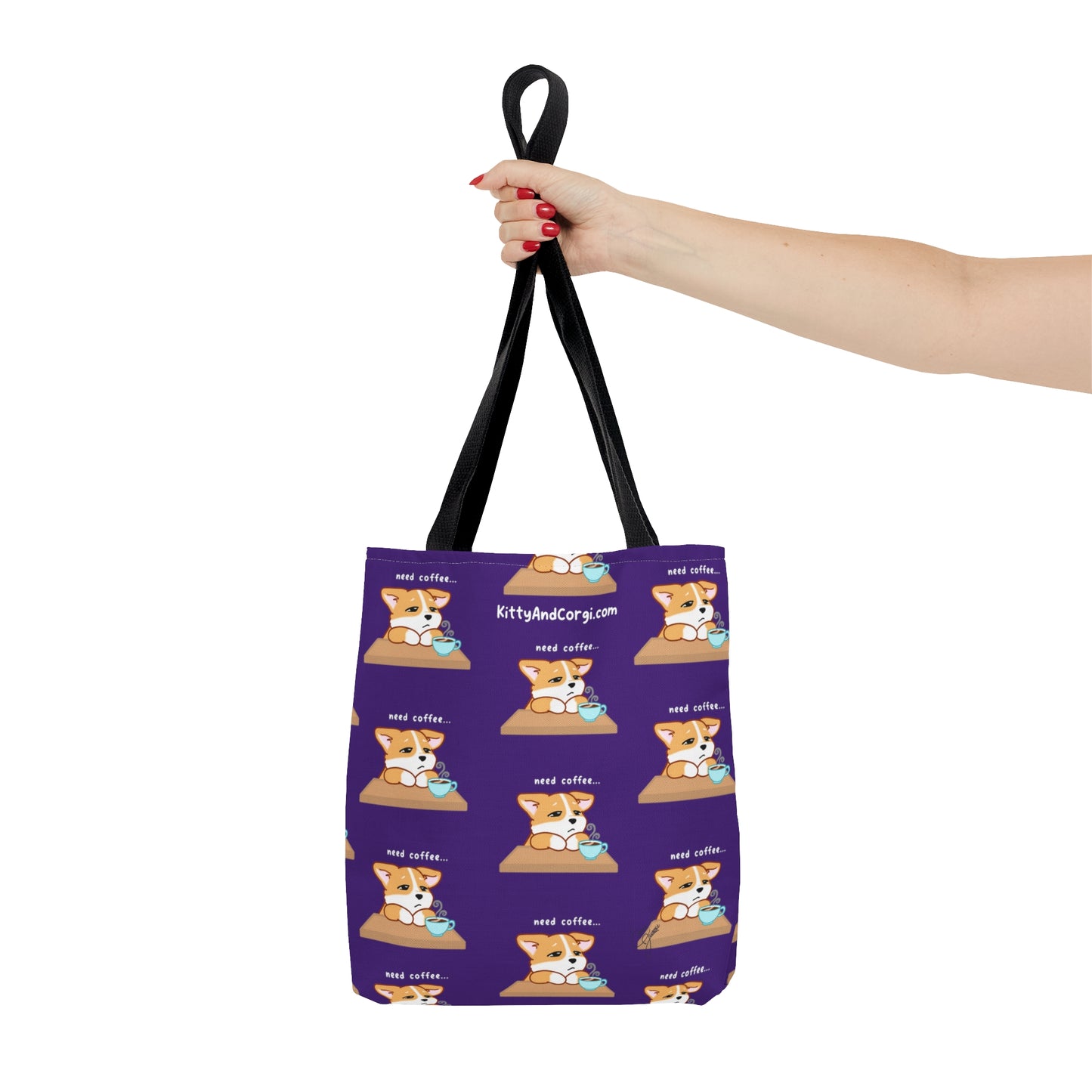 Corgi Needs Coffee - Repeating Pattern in Dark Purple - Tote Bag