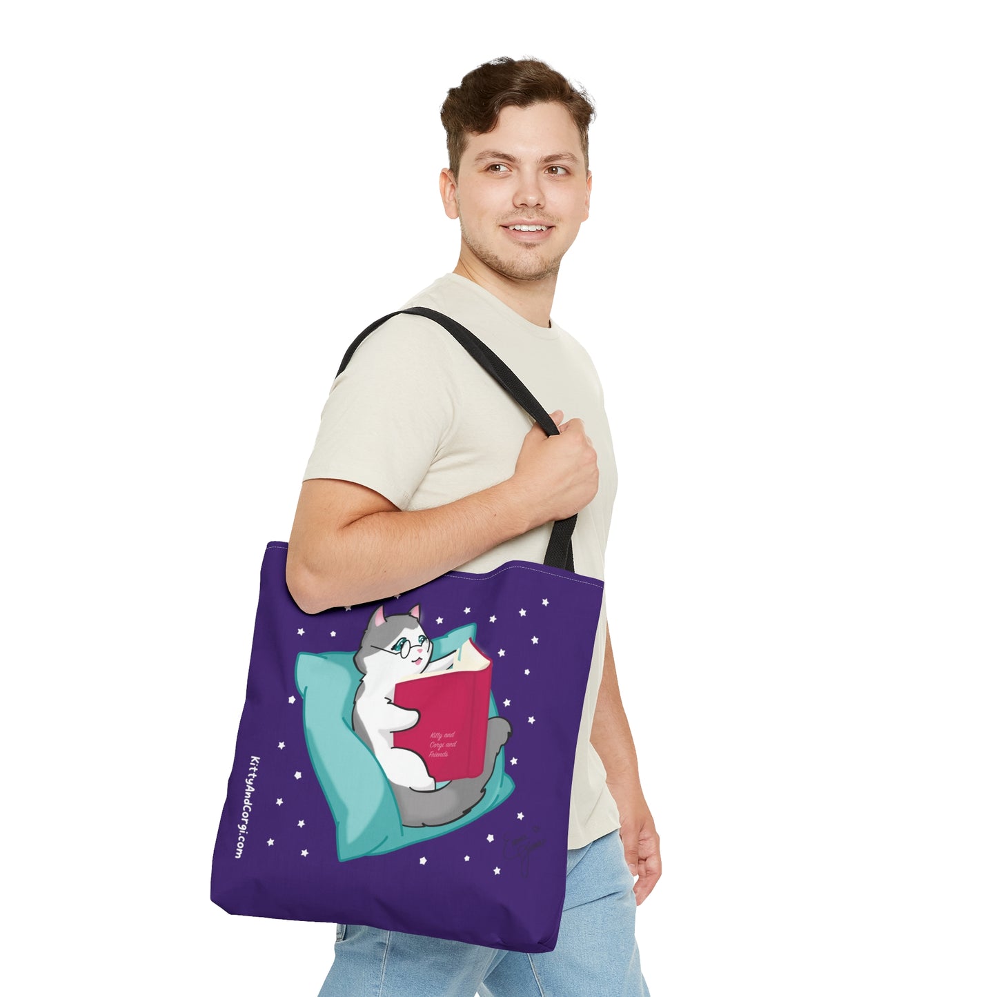 Kitty Reading a Book - single design - Dark Purple Tote Bag (AOP)