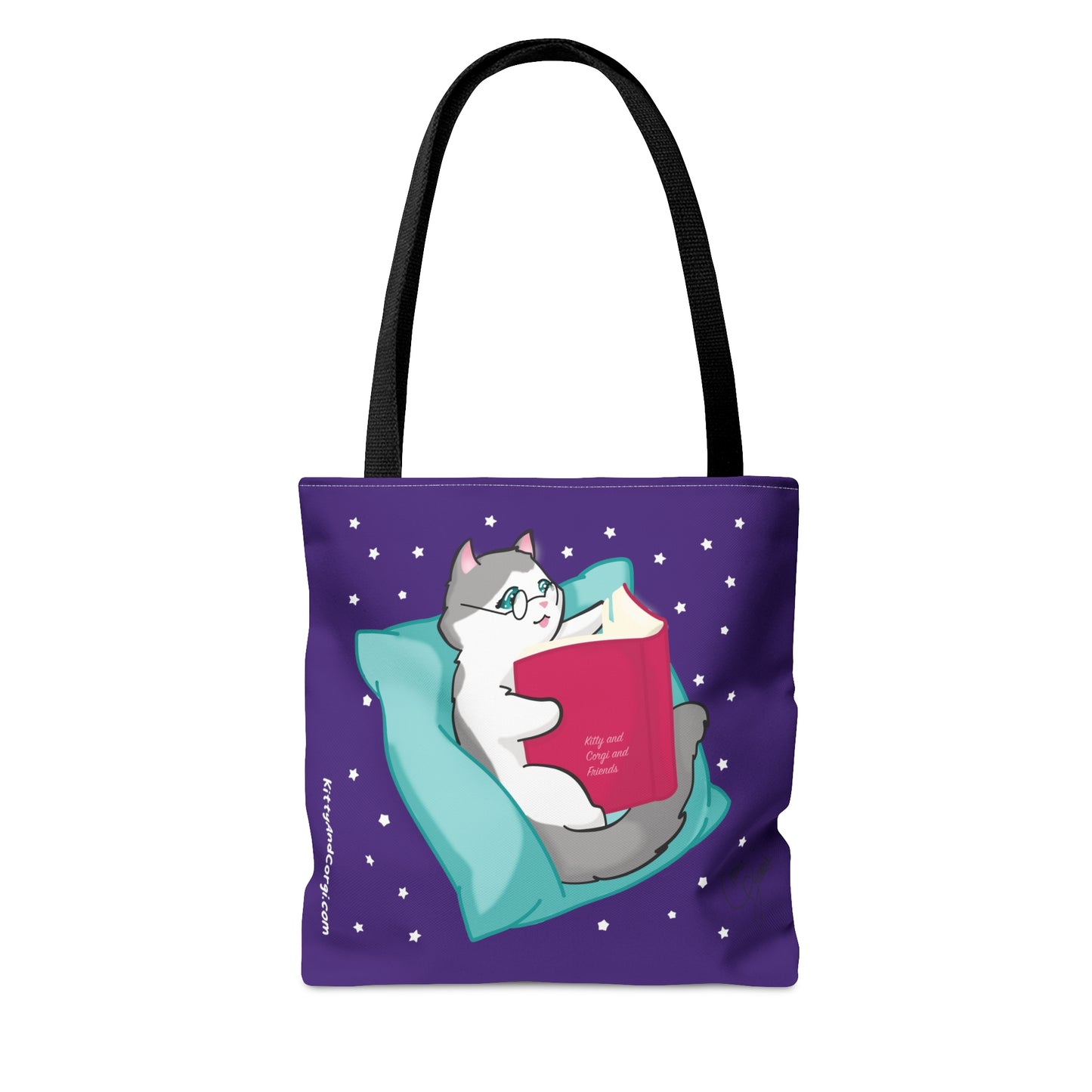 Kitty Reading a Book - single design - Dark Purple Tote Bag (AOP)