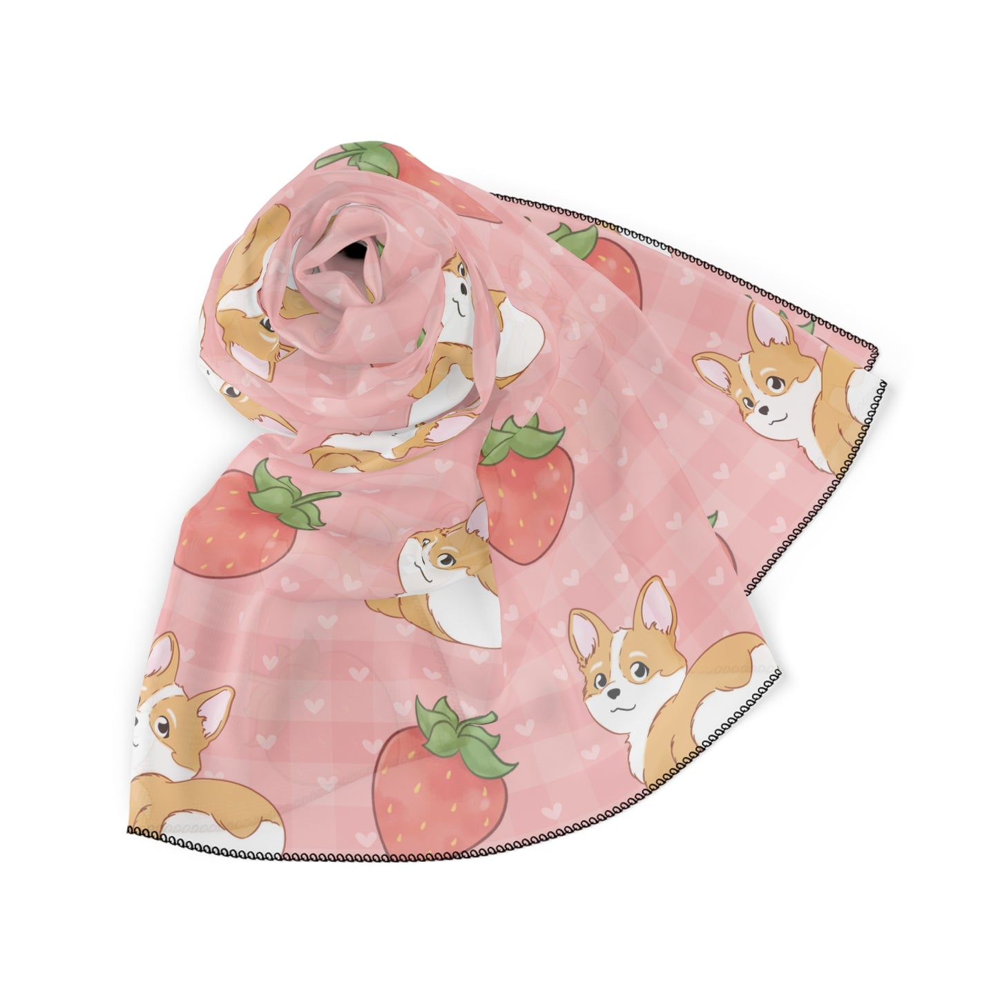 Cute Corgi Butt and Strawberries Pink Gingham Hearts Poly Chiffon Scarf