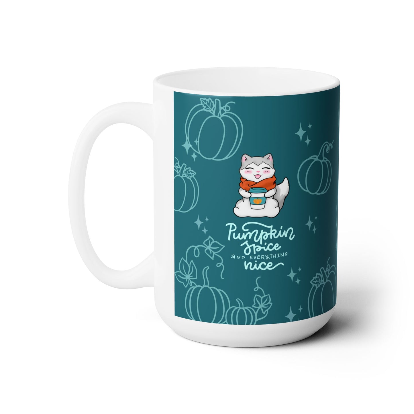 Kitty and Corgi Fueled by Happy Thoughts - Teal - 15 oz Mug