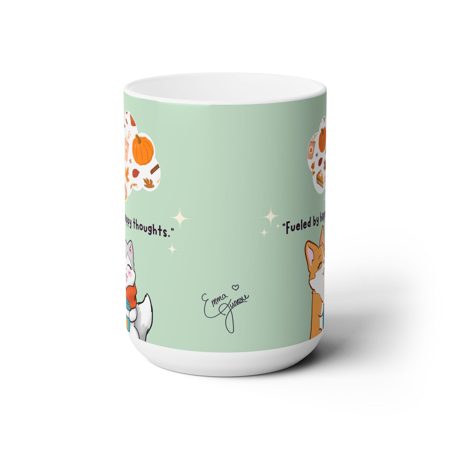 Kitty and Corgi Fueled by Happy Thoughts for Autumn Lovers - sage green - 15 oz Mug