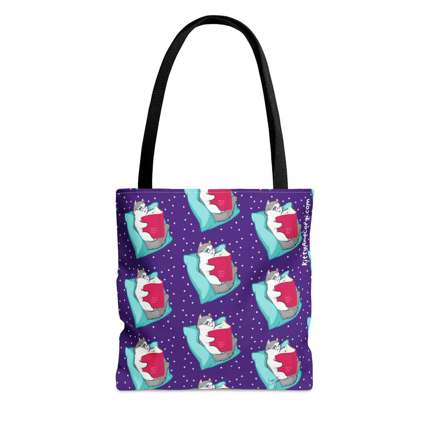 Kitty Reading a Book - Repeating Pattern in Dark Purple - Tote Bag (AOP)