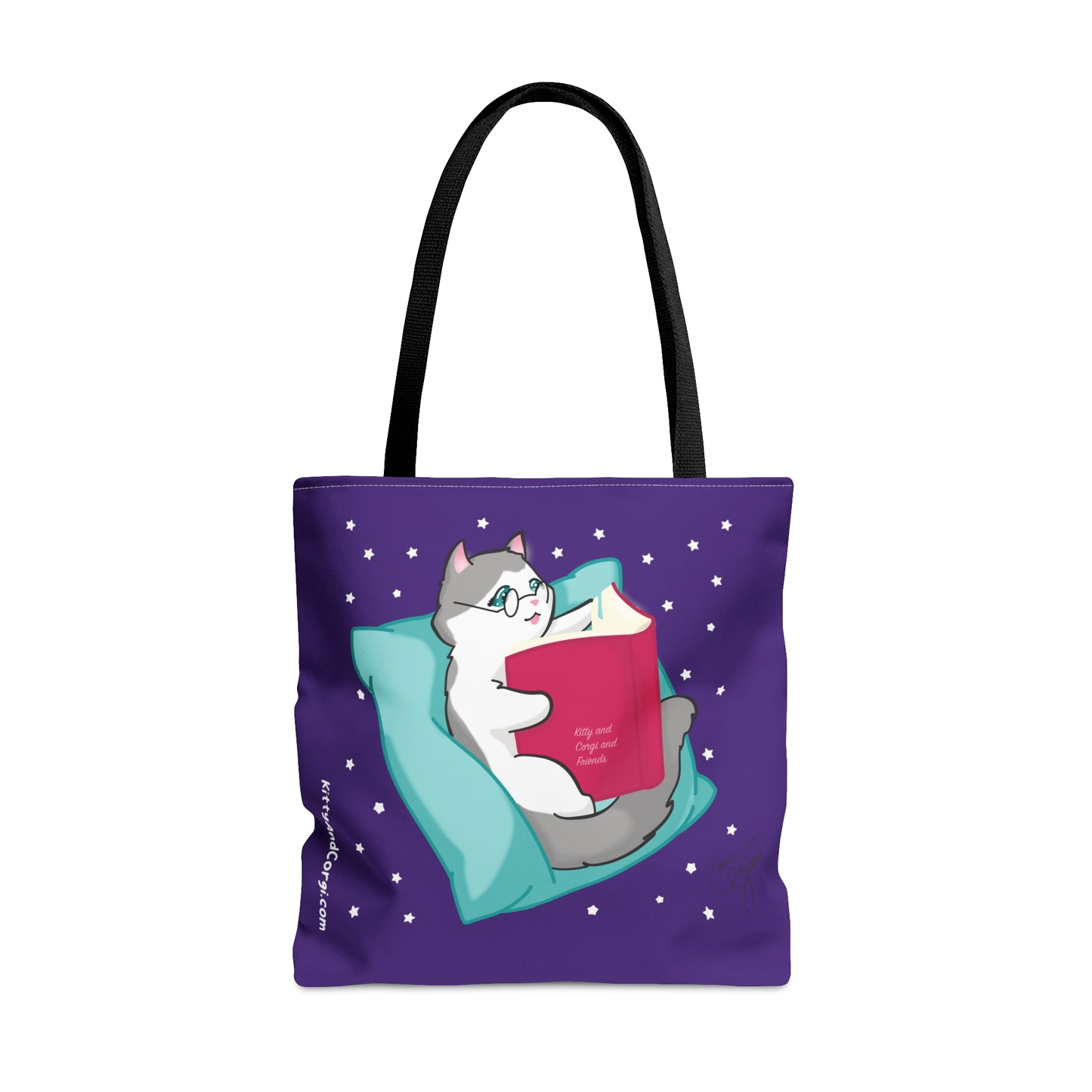 Kitty Reading a Book - single design - Dark Purple Tote Bag (AOP)