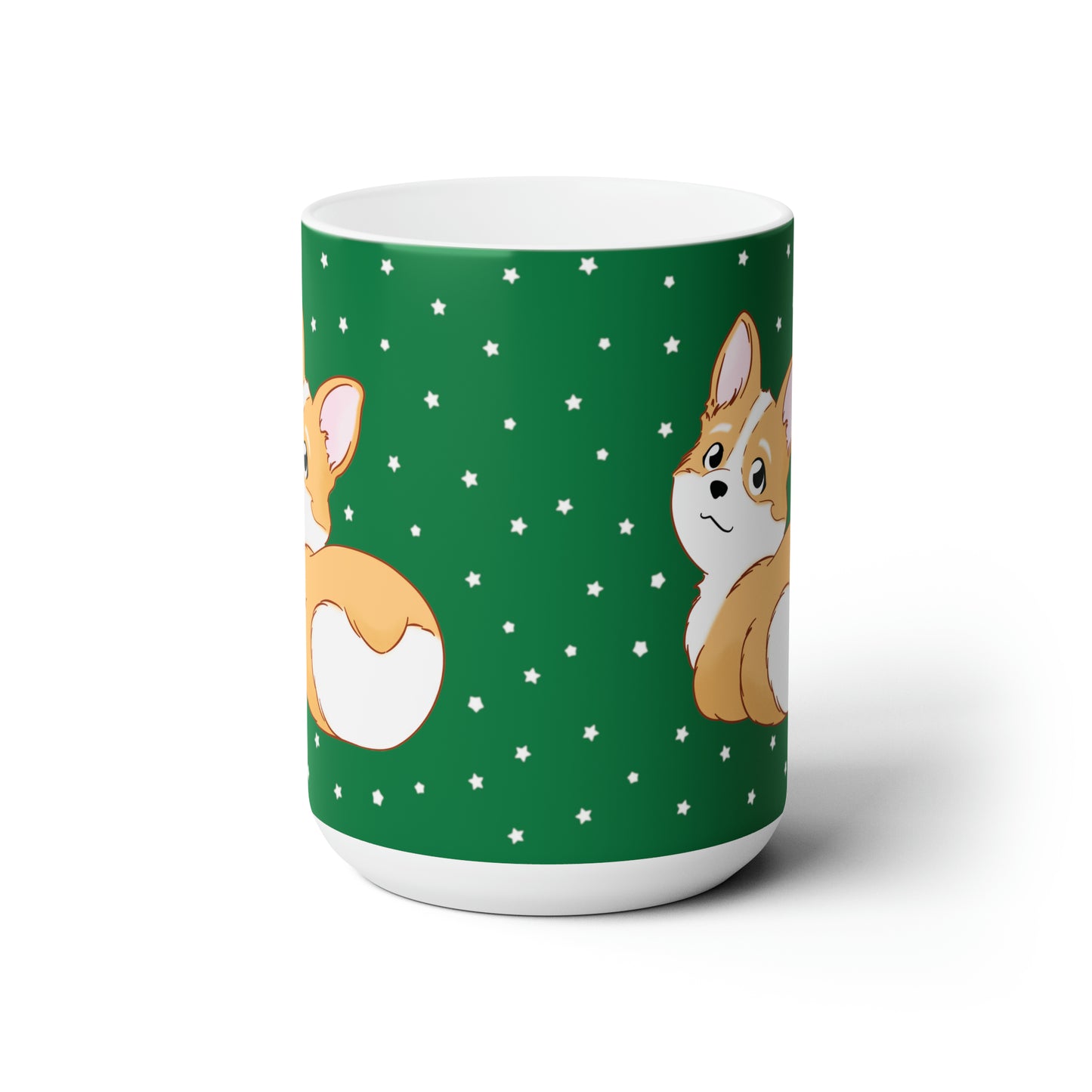 Corgi Butt Ceramic Mug in Christmas Green with stars - single design 15oz