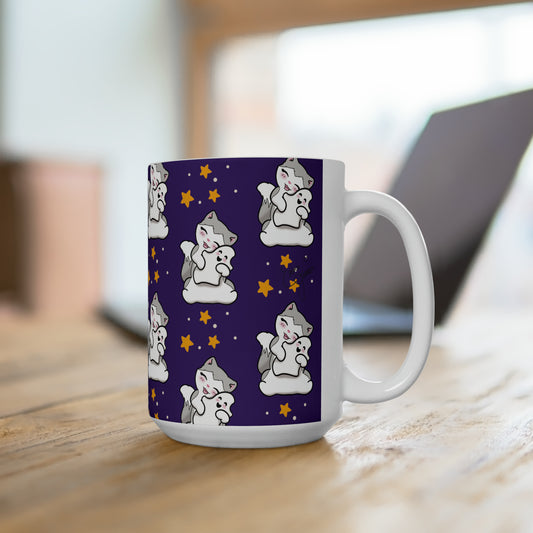 Kitty loves her Ghostie Pillow - Purple Patterned Mug - 15oz