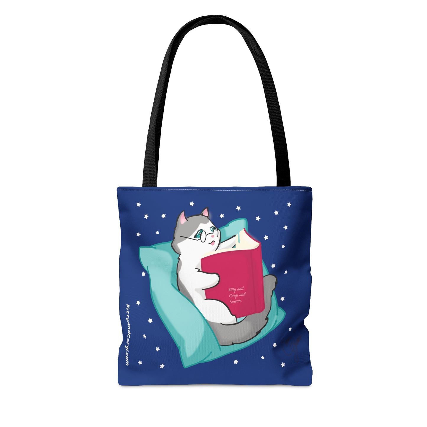 Kitty Reading a Book - single design - Midnight Blue Tote Bag (AOP)
