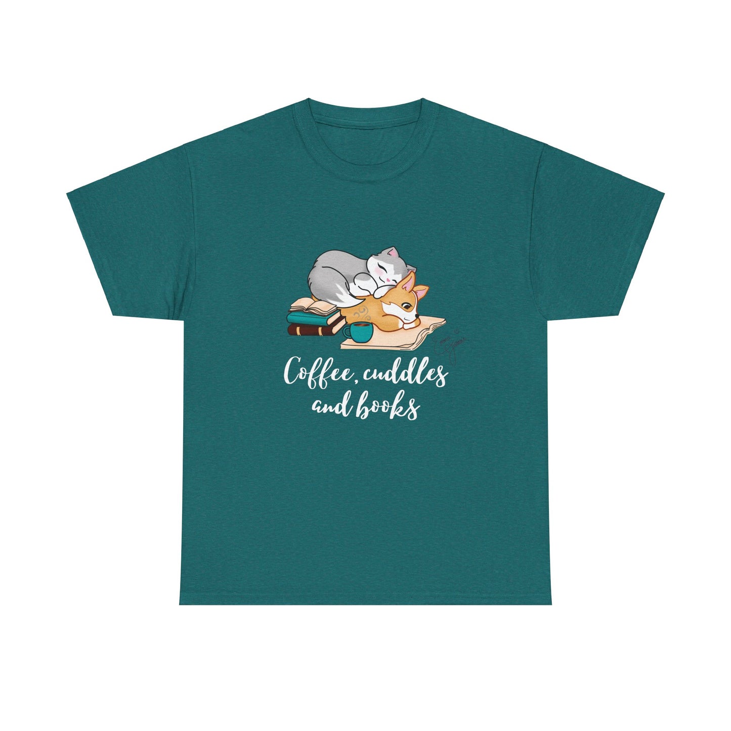 Kitty and Corgi Coffee Cuddles and Books Unisex Heavy Cotton Tee