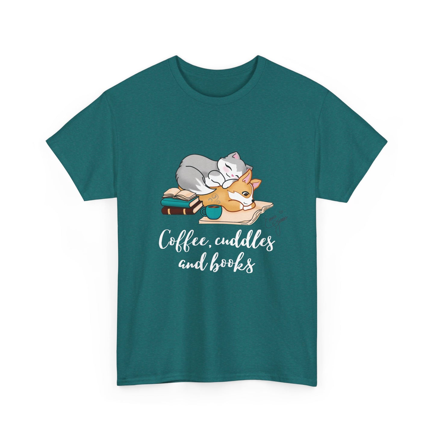 Kitty and Corgi Coffee Cuddles and Books Unisex Heavy Cotton Tee