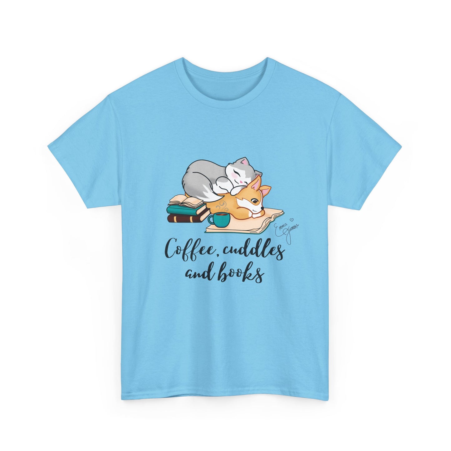 Kitty and Corgi Coffee Cuddles and Books Unisex Heavy Cotton Tee