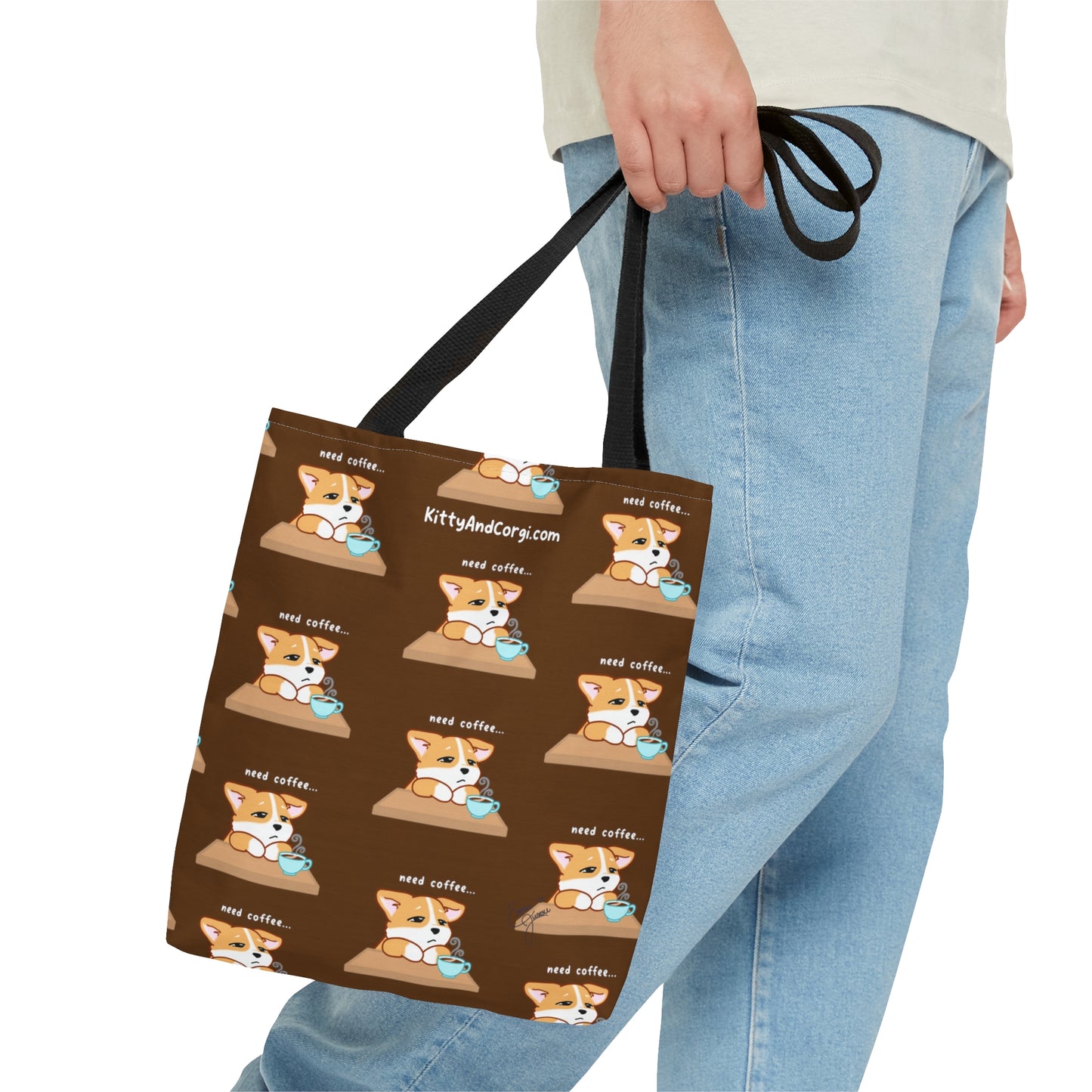 Corgi Needs Coffee - Repeating Pattern in Coffee Brown - Tote Bag