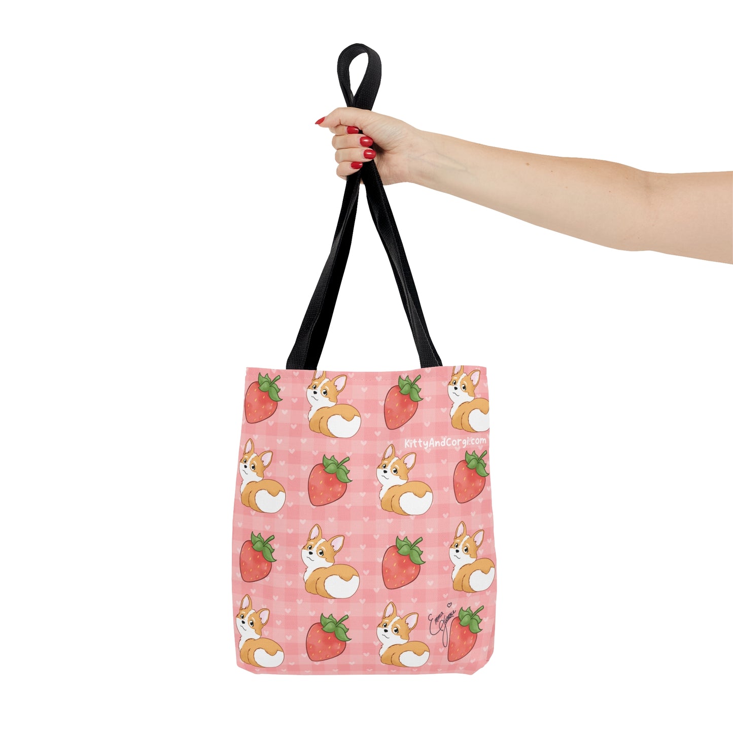 Corgi Butt and Strawberries Pink Heart Gingham Tote Bag