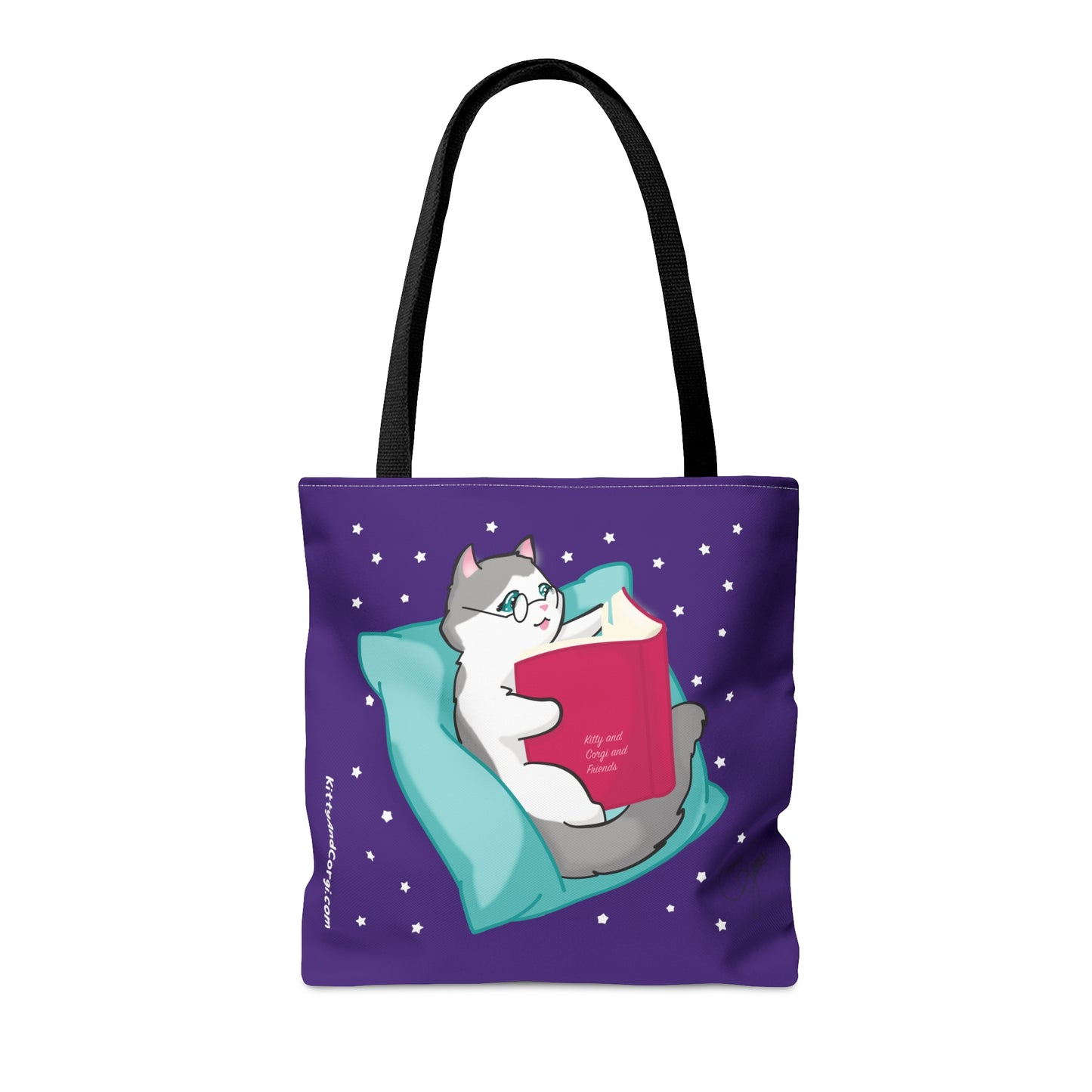 Kitty Reading a Book - single design - Dark Purple Tote Bag (AOP)