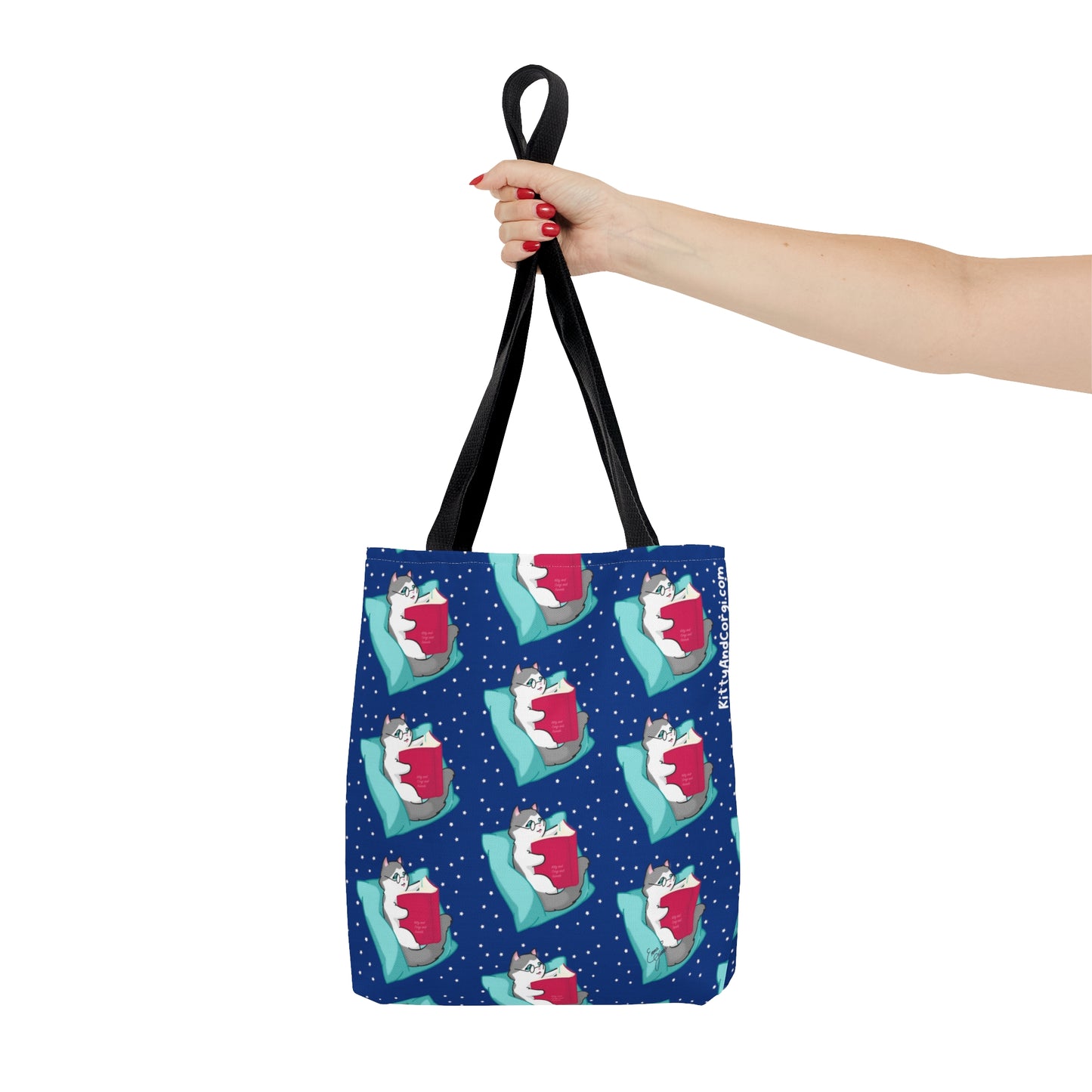 Kitty Reading a Book - Repeating Pattern in Midnight Blue - Tote Bag (AOP)