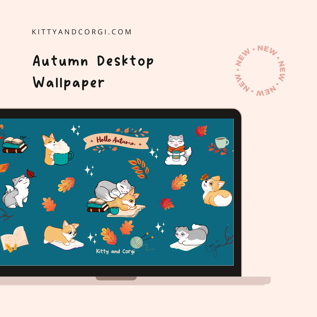 Teal Kitty and Corgi Cozy Fall Vibes 4k Wallpaper Bundle