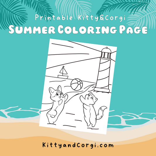 Kitty&Corgi Playing at the Beach near a Lighthouse