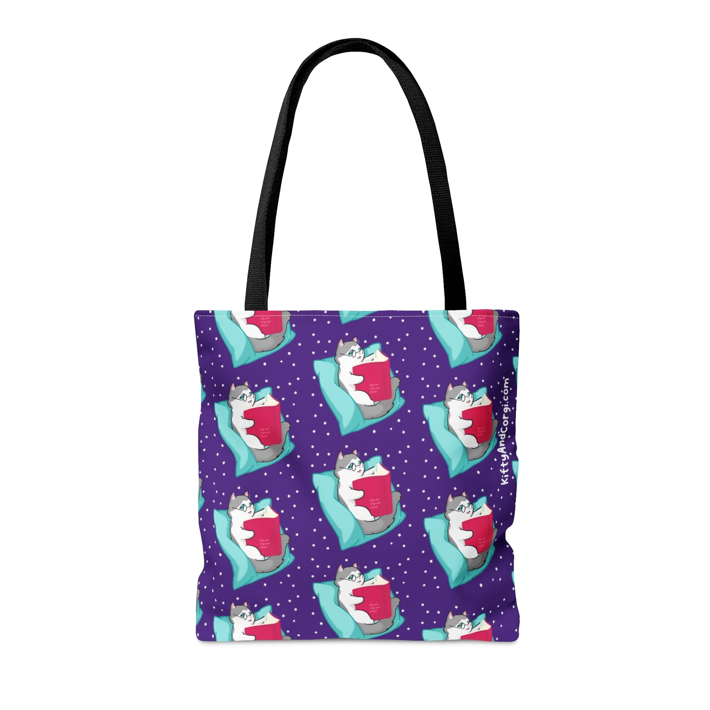 Kitty Reading a Book - Repeating Pattern in Dark Purple - Tote Bag (AOP)