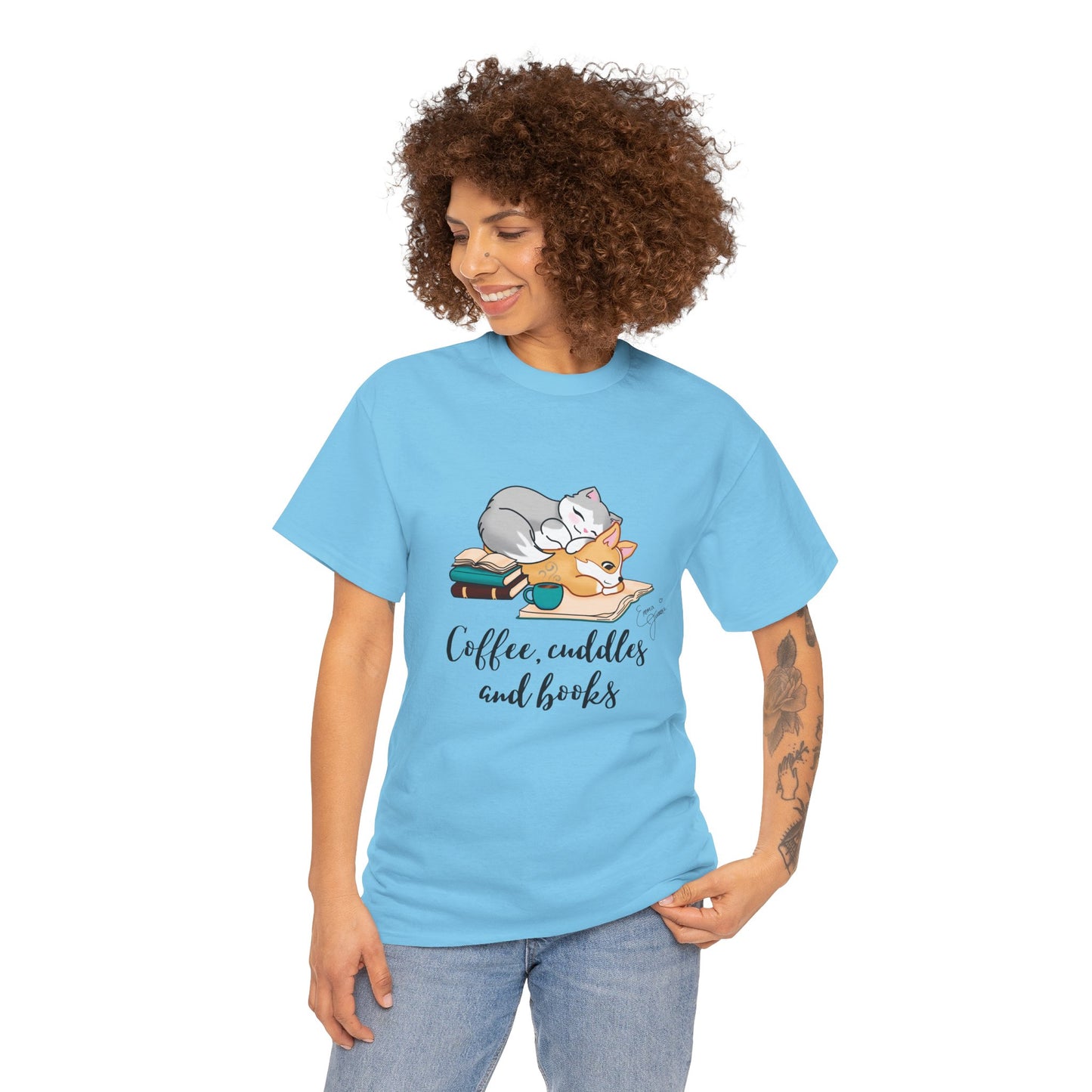 Kitty and Corgi Coffee Cuddles and Books Unisex Heavy Cotton Tee