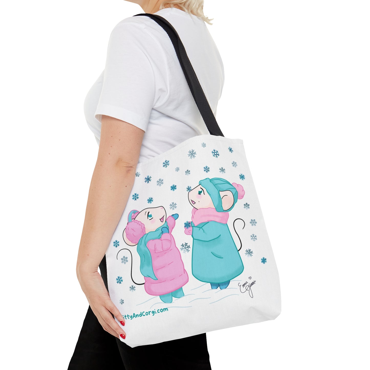 Snow Mousies Catching Snowflakes Tote Bag