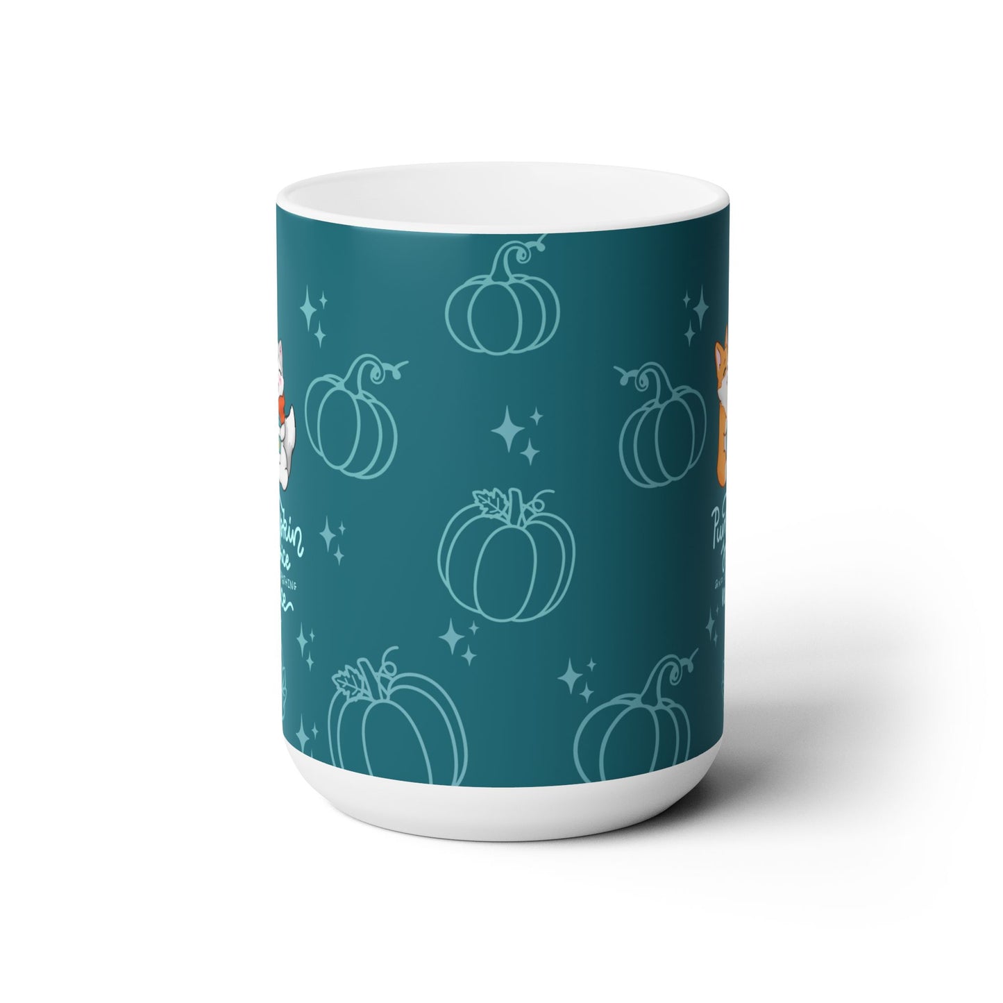 Kitty and Corgi Fueled by Happy Thoughts - Teal - 15 oz Mug