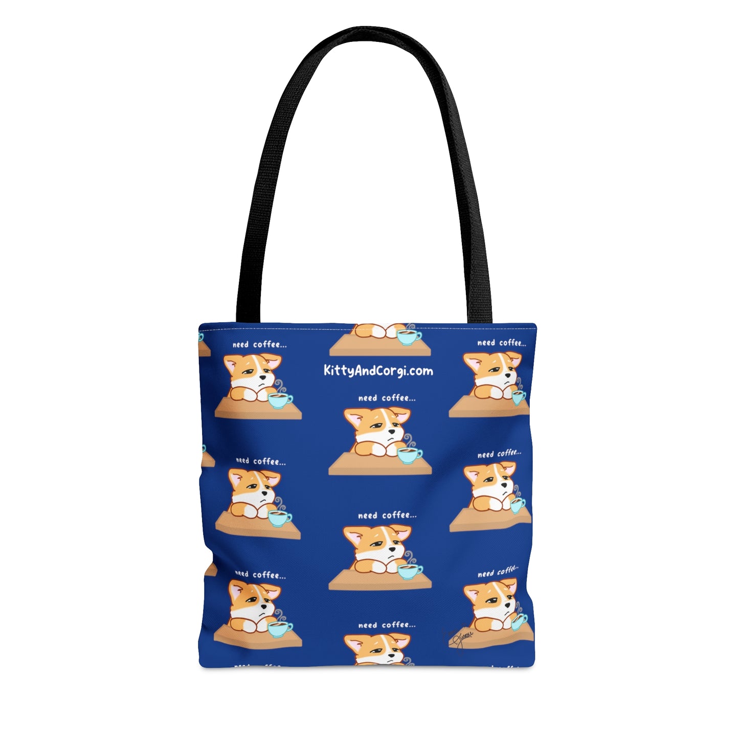 Corgi Needs Coffee - Repeating Pattern in Midnight Blue - Tote Bag