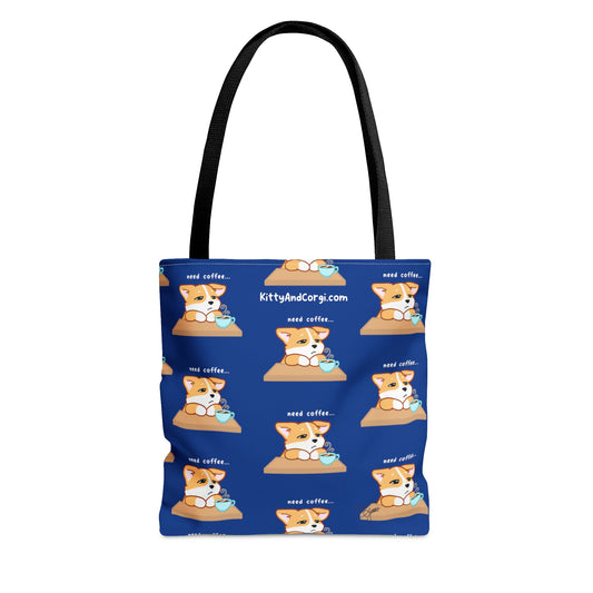 Corgi Needs Coffee - Repeating Pattern in Midnight Blue - Tote Bag