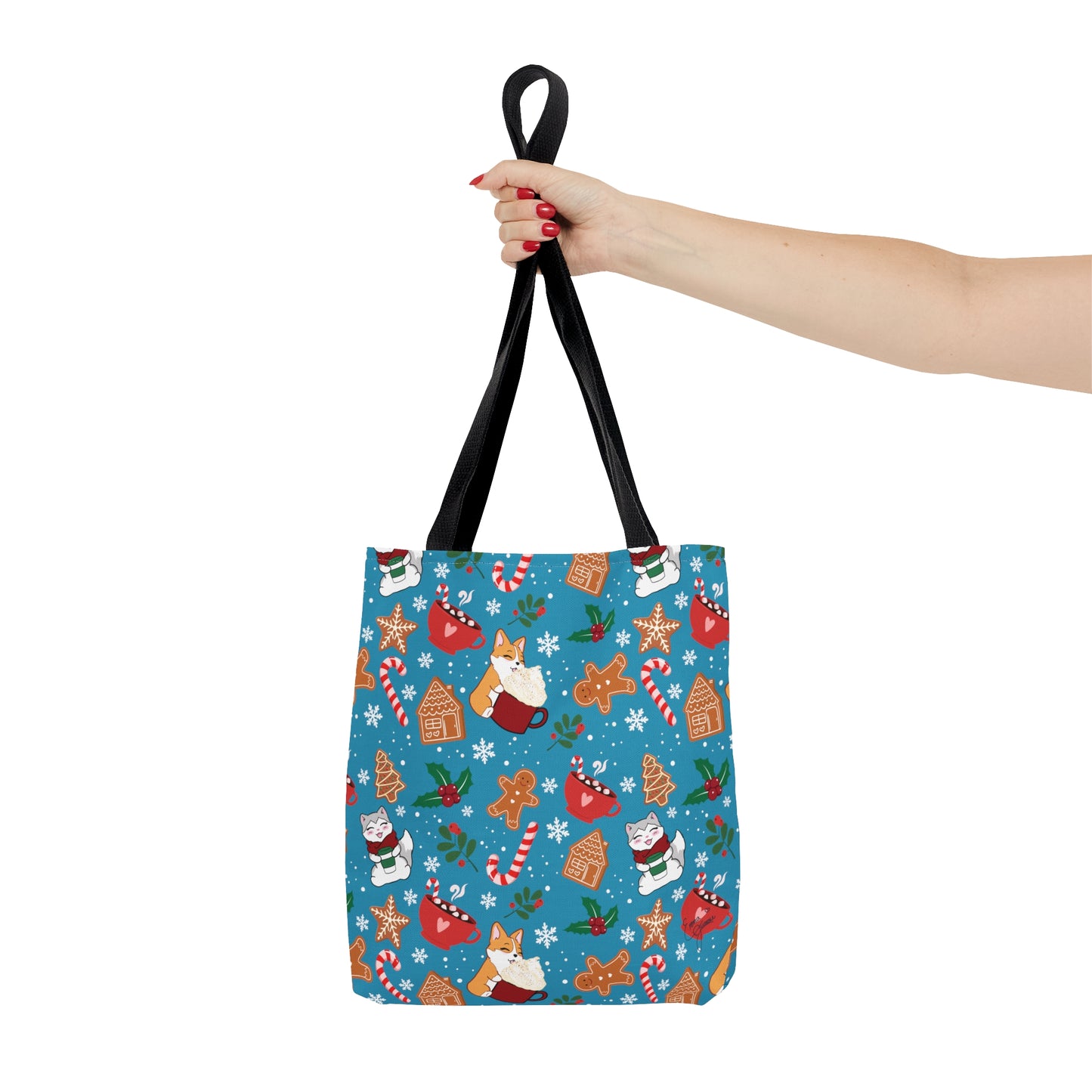 Kitty and Corgi Cocoa and Gingerbread Patterned Turquoise Tote Bag