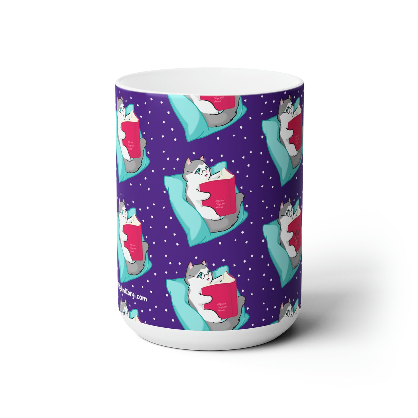 Kitty Reading a Book - Patterned Purple Ceramic Mug 15oz