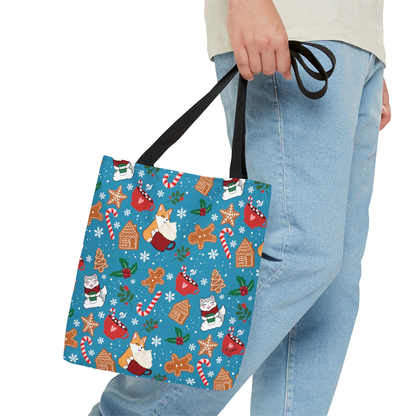 Kitty and Corgi Cocoa and Gingerbread Patterned Turquoise Tote Bag