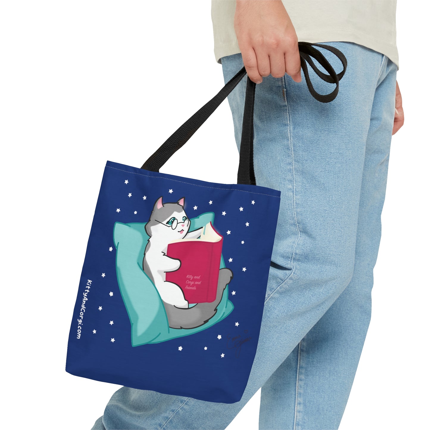 Kitty Reading a Book - single design - Midnight Blue Tote Bag (AOP)