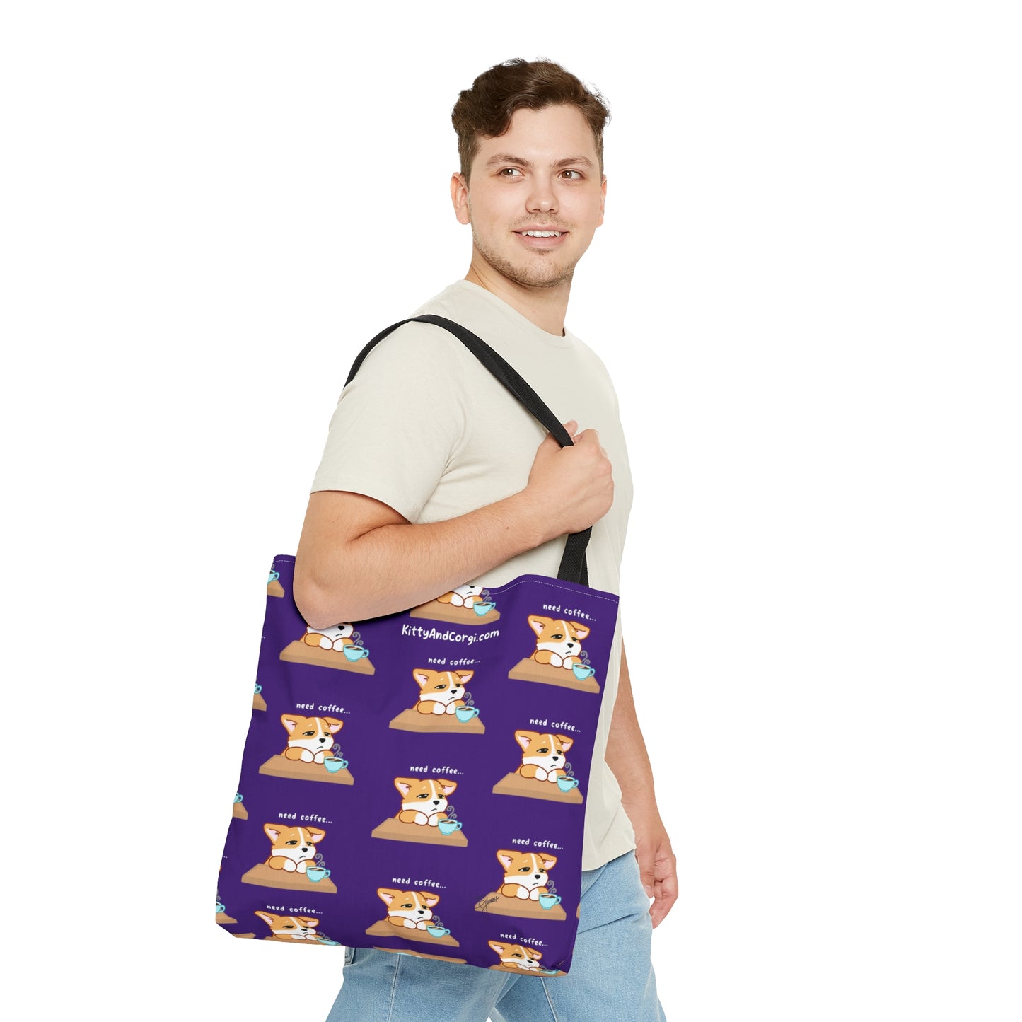Corgi Needs Coffee - Repeating Pattern in Dark Purple - Tote Bag