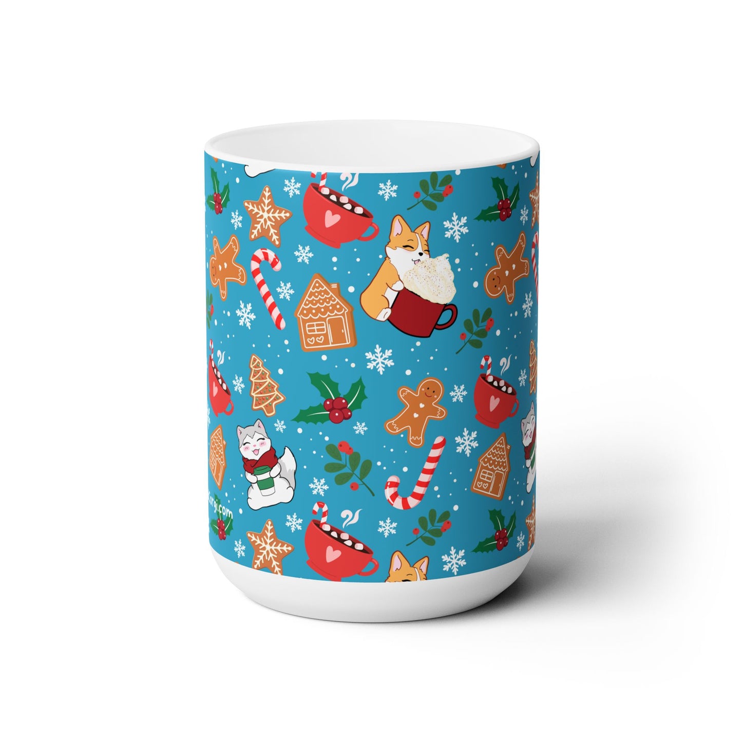Kitty and Corgi Cocoa and Gingerbread Patterned Christmas Mug - 15 oz