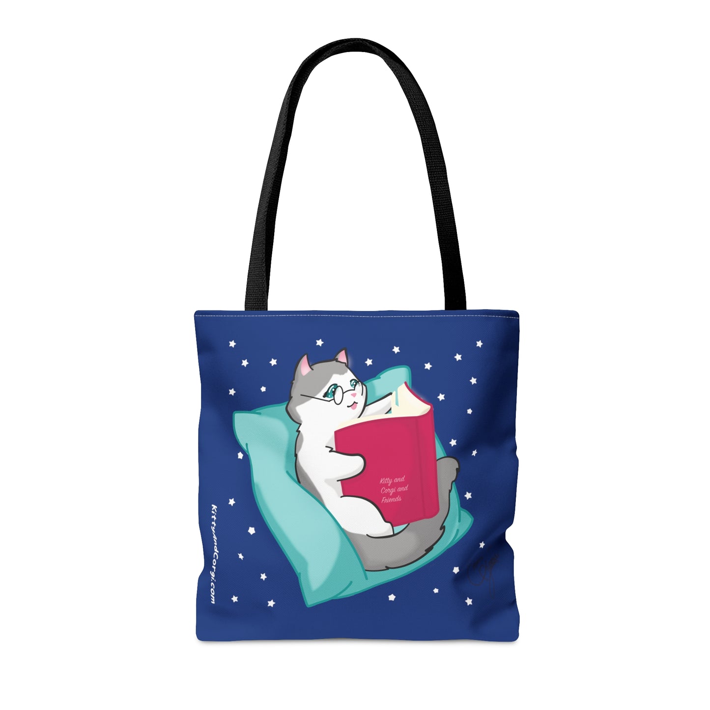 Kitty Reading a Book - single design - Midnight Blue Tote Bag (AOP)